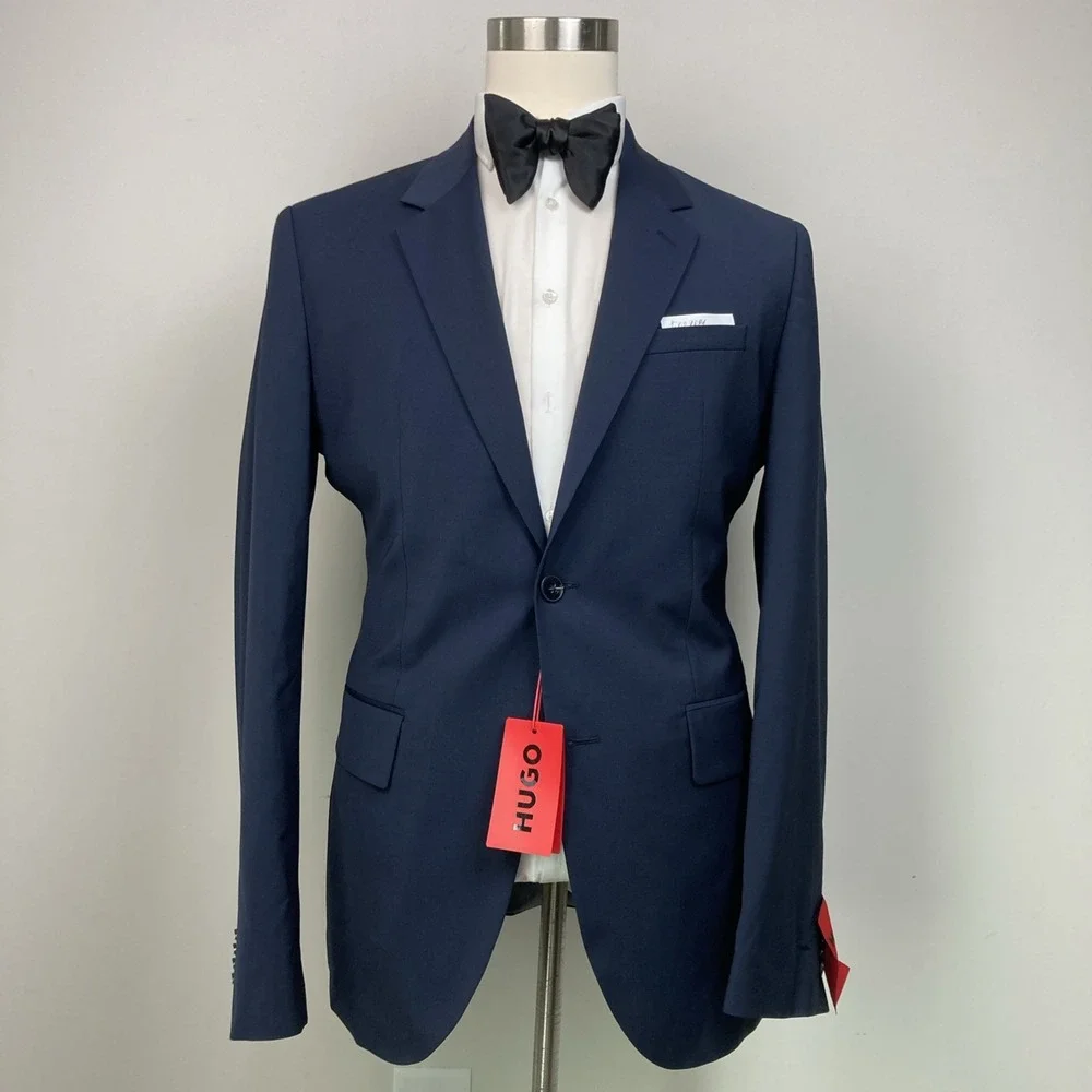 Hugo Boss Mens Modern fit Suit Jacket Blazer 40L Navy Blue Solid Stretch Wool